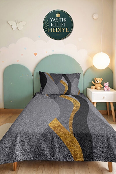 Evimde Bambaşka Gray Geometric Modern Young Room Single Pique Set - Anthracit...
