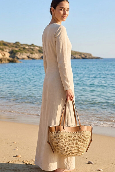 Marina Swimwear Leather Detailed Straw Bag - Beige Cnt2604-1