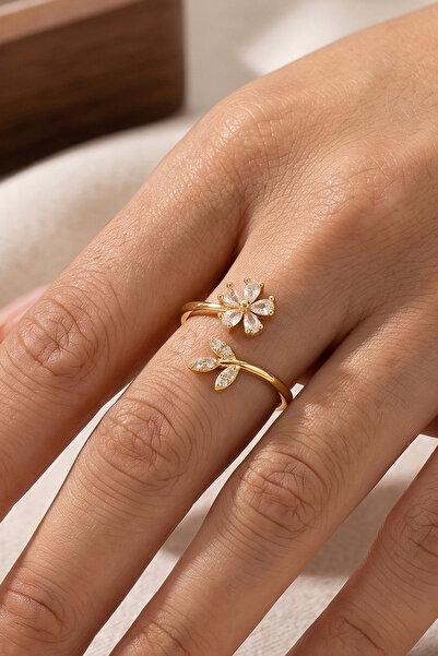AURRARİ Gold Daisy Zircon Leaf Steel Ring