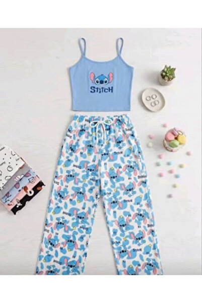 Violon Women's Stitch Printed Blue Rope Strap and Patterned Pajama Bottoms Tw...
