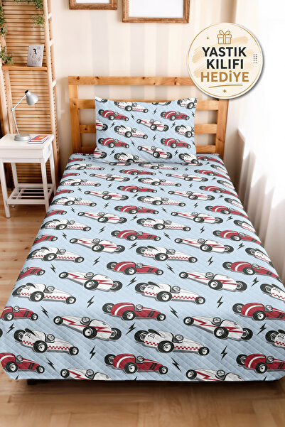 Evimde Bambaşka Blue Car Modern Boy's Pique Set-Red Racing Patterned Baby Roo...