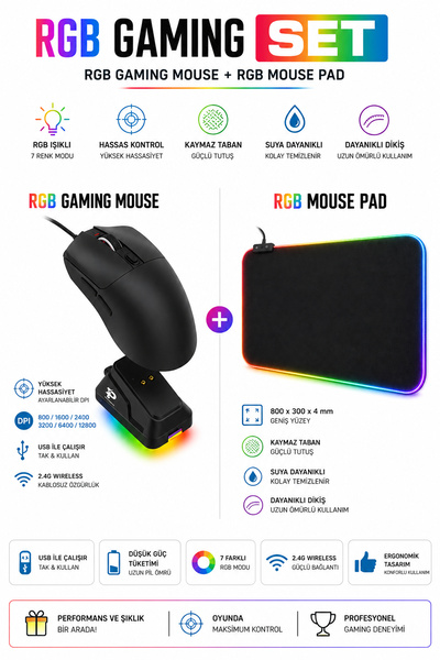 Happy Owl RGB Gaming Mouse + RGB Mouse Pad Seti Kablosuz Bluetooth 12800 DPI ...