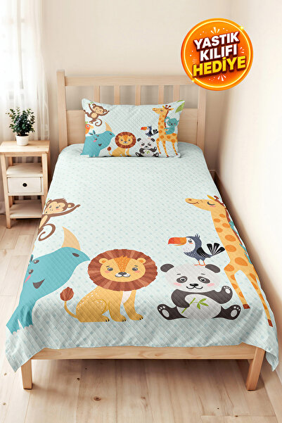 Evimde Bambaşka Cute Safari Kids' Room Single Pique Set - Pastel Orange 160X2...