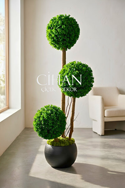 Cihan Çiçekçilik Yapay 3'lü Şimşir Top Ağacı 150 cm (35 cm Çap) UV Dayanımlı ...