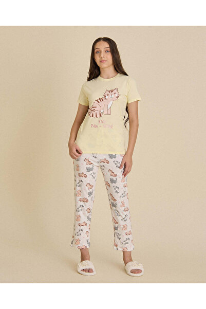 REDTAG Senior Girls Yellow Printed Basic Pajama Set