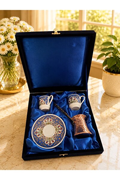 Nihal Süeda Velvet Boxed Copper Coffee Pot Palace Model Double Porcelain Cup Set