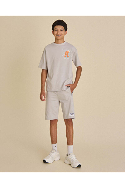REDTAG Senior Boys Grey 2 Pieces Short Sleeve T-Shirt With Shorts Set