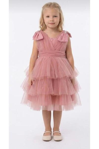 aykidsclup Girl's Dusty Rose Tulle Dress with Bow Detail - 09081