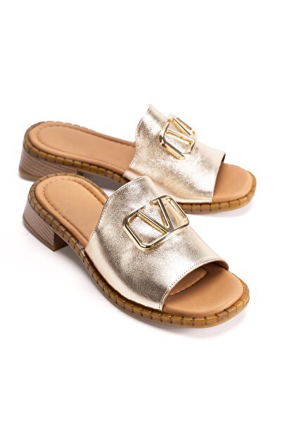 PASSAGE SHOES Women's Genuine Leather Buckle Detailed Slippers 6375 Dore