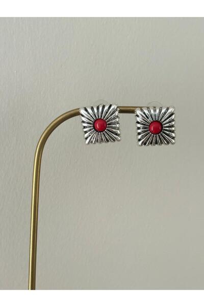 FASHION Special Design Vintage Square Red Stone Silver Color Earrings