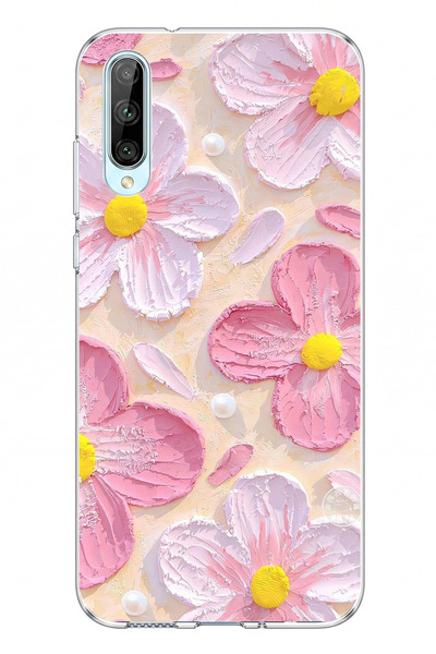 TechTree Huawei P Smart S Uyumlu Pembe Beyaz Çiçekler Sulu Boya Baskılı Silik...