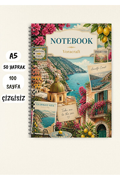 VORACRAFT İtalya Amalfi Temalı Not Defteri 50 Yaprak /100 Sayfa, A5 / Tel Spi...