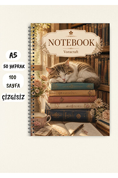 VORACRAFT Uykulu Kedi Temalı Not Defteri 50 Yaprak /100 Sayfa, A5 / Tel Spira...