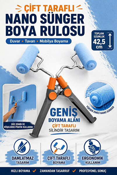 Hane Dostu Nano Süngerli Çift Taraflı Damlatmaz Boya Rulosu Duvar Tavan ve Mo...