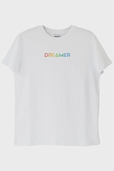 NUUGG تي شيرت أبيض مكتوب عليه Dreamer Color