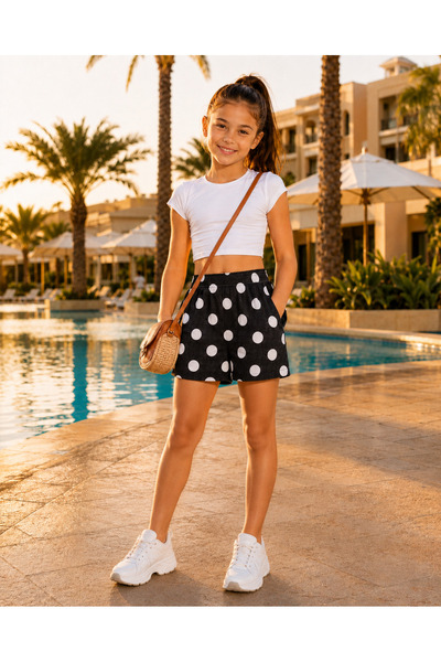 haha Girl's Wrinkled Fabric Summer Polka Dot Shorts with Pockets