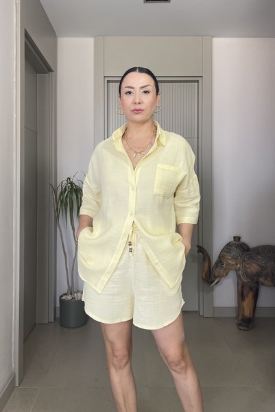 Butik Didem Sakinci Cotton Muslin Soft Textured Shirt Shorts Set