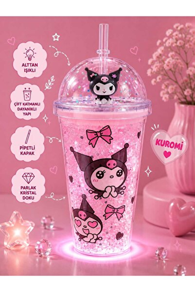 PeriMila Kuromi Figürlü Işıklı Pipetli Bardak Çift Cidarlı 450ml
