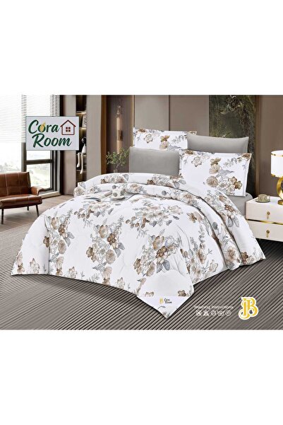 HD Cora Room Bedspread Set in Brown and Grey Floral Pattern on a White Backgr...