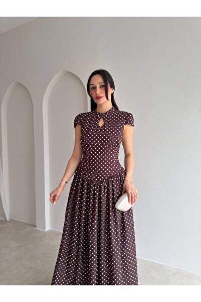 ALPŞAN TİCARET Brown Polka Dot Retro Model Collar Detailed Maxi Dress Wedding...