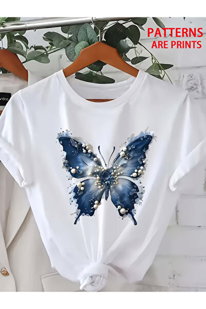 2mcup تي شيرت بأكمام قصيرة مطبوع عليه Ocean Wave Butterfly Pearl |   بلوزة نس...