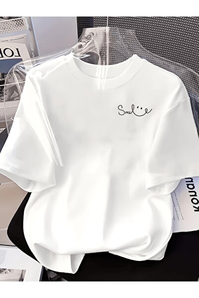 212Wear تي شيرت بنمط بسيط وأنيق مع نقش حرف "Smile"، أبيض فضفاض بأكمام قصيرة، ...