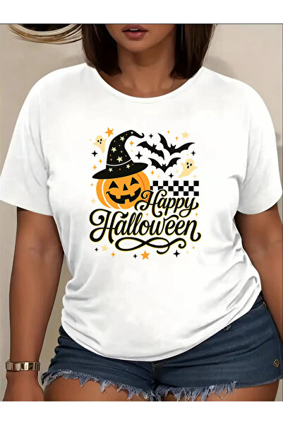 23 nisan Casual Red Short-Sleeve T-Shirt Women Featuring "Happy Halloween" Pa...