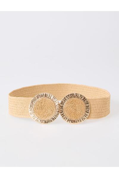 Jimmy Key Beige Oval Buckle Detailed Straw Belt