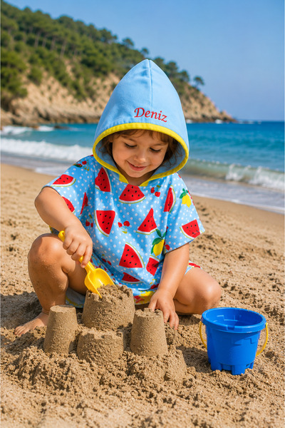 minilee children's happiness Meyve Bahçesi - İsimli Çocuk Kapşonlu Panço Havlu – Deniz, Havuz ve Banyo Bornoz Pançosu 2-10 Yaş