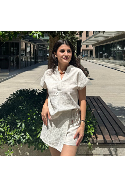 Cherie Style Kadın Bağcık Detaylı Dokulu Şort Etek