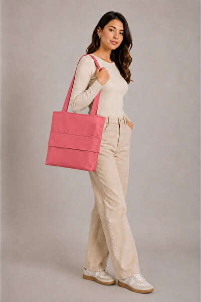 İKStore Women's Dusty Pink Zippered Hand and Shoulder Bag Fabric Tote Bag Sch...