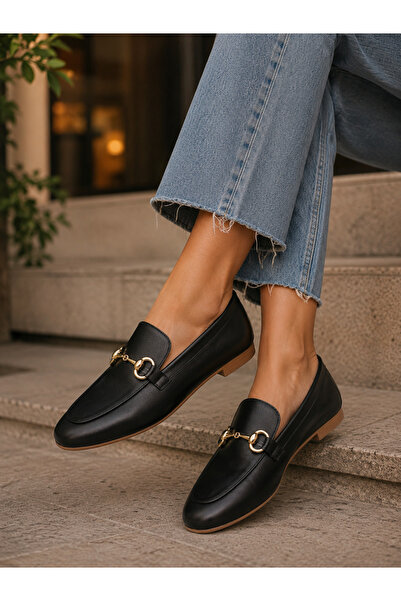 the corleone Kadın Siyah Hakiki Deri Tokalı Maskülen Loafer Ayakkabı Modeli