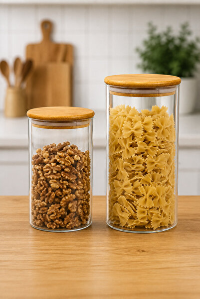 Vadi 2-Piece Borosilicate Glass Storage Jar Set with Bamboo Lids Kitchen Food...