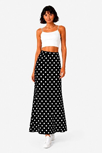 penyebizden Oysho Fabric Polka Dot Maxi Skirt-Black