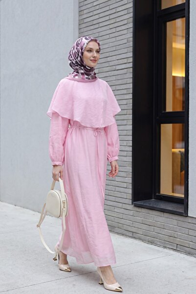 Modamorfo Lined Belted Tulle Modal Dress with Cape Detail on the Collar -Pink