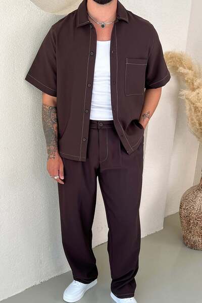 OUTFİT MAN Stripe Detail Short Sleeve Loose Set Brown