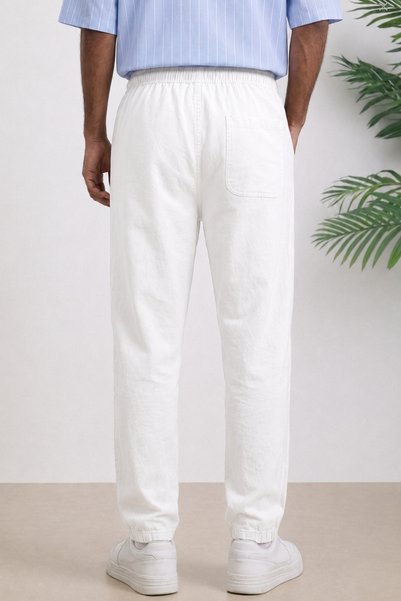 Tarz Cool Beyaz Renk Erkek Yazlık Keten Karışımı Relaxed Pantolon