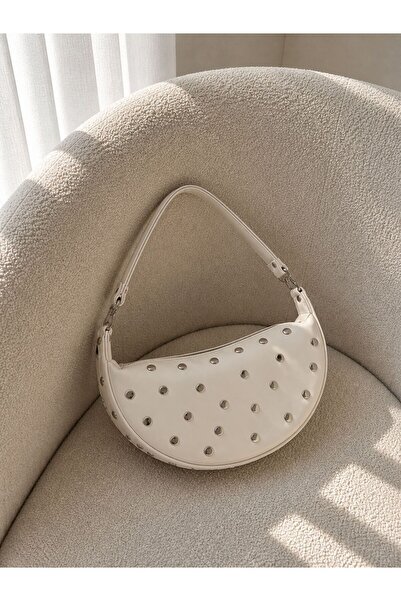 Moda Sekiz Women's White Metal Staple Detailed Double Strap Shoulder Bag