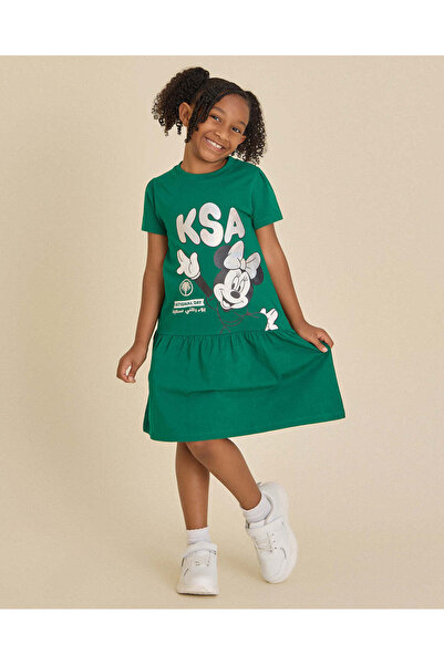 REDTAG Girls Green Minnie Mouse Placement Print Dress