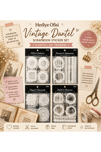 hediyeofisi Vintage Dantel Scrapbook Sticker Set 6 Sayfa