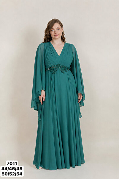 DORİDORCA Cape Detailed Beaded Embroidered Plus Size Satin Evening Dress