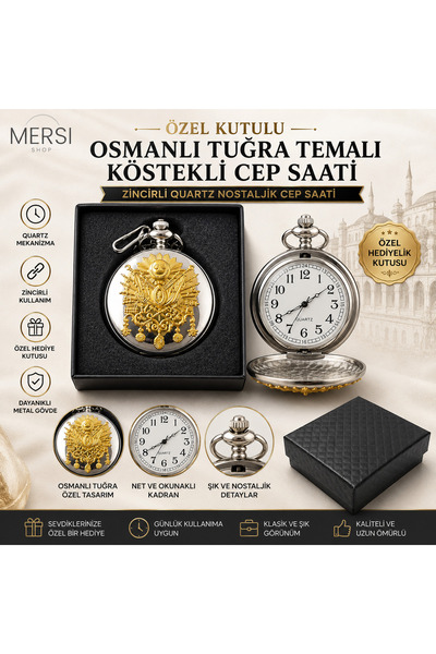 Mersi SHOP Özel Kutulu Osmanlı Tuğra Temalı Köstekli Cep Saati | Zincirli Qua...