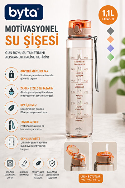 BYTA 1.1 L Motivational Water Bottle with Locking Lid, Tritan Water Bottle wi...