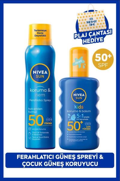 NIVEA SUN SPF50 Yetişkin ve Çocuklara Özel Güneş Koruyucu Sprey Seti, Plaj Ça...