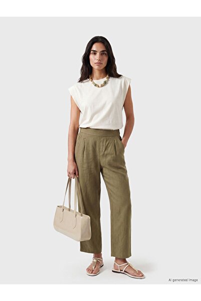 LC Waikiki Lcw Vision Khaki Elastic Waist 100% Linen Women's Pleated Trousers