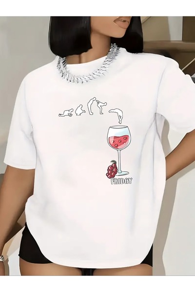 BASEPULSE Women's Lightweight cotton Short Sleeve T-Shirt Friday Wine Glass C...