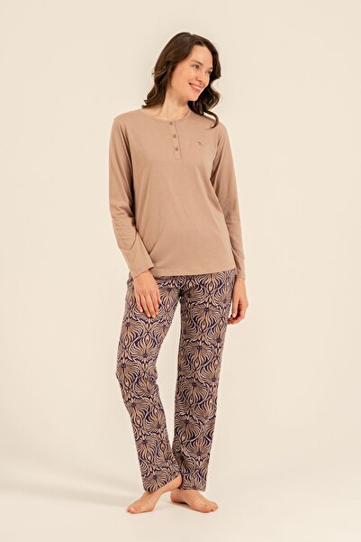 Arnetta Costum de pijama de damă, maro, brodat, cu mâneci lungi AR3770-S-V1