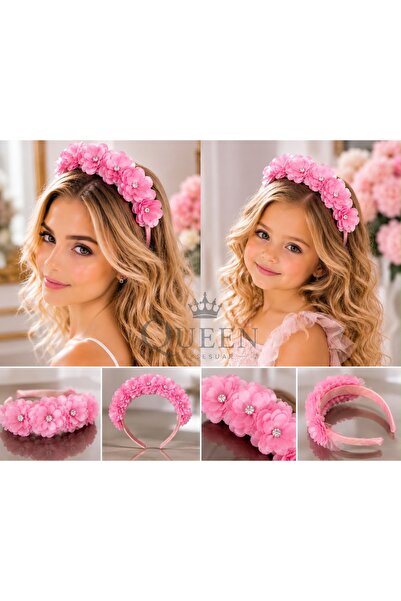 QUEEN AKSESUAR Luxury Stone-Studded Satin Floral Pink Crown Henna Engagement ...