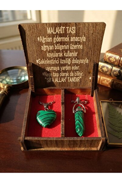 Meneva Aksesuar Malachite Stone Natural Stone Double Necklace Set with Wooden...
