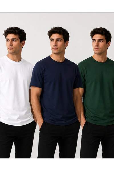 Cem Cemoda Erkek basic tişört 3 renk paket %100 pamuklu lacivert yeşil beyaz